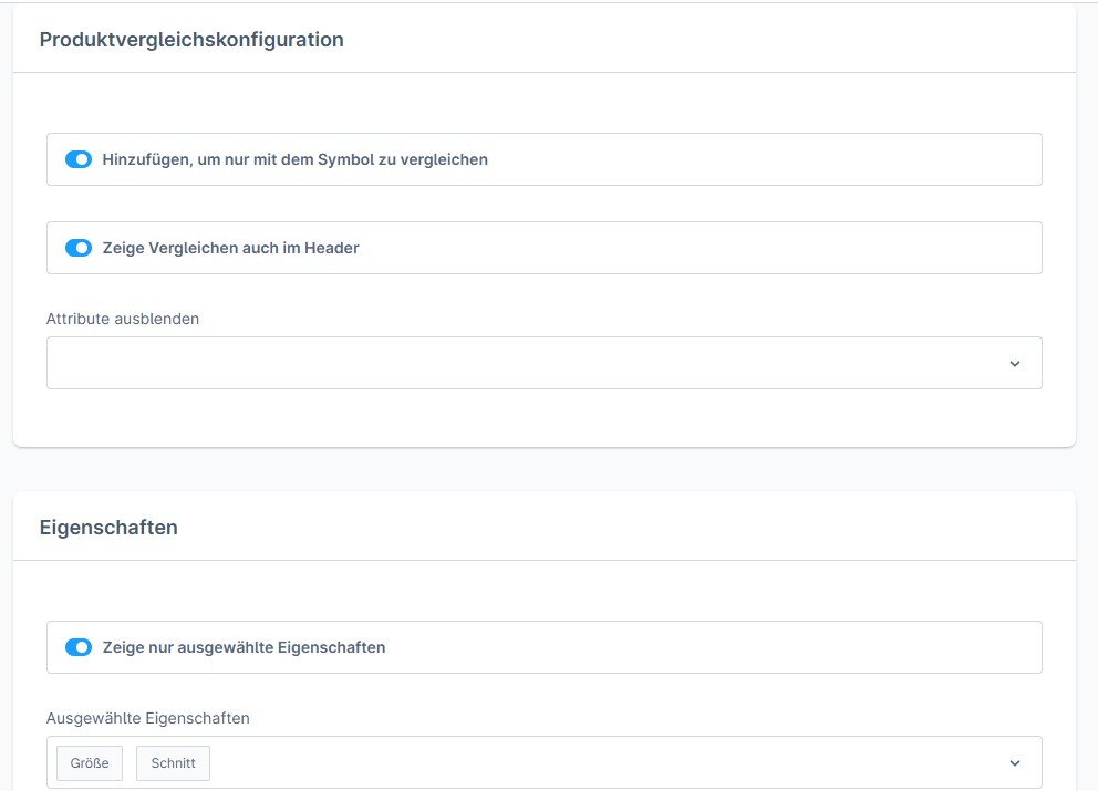 Einstellungen für Produktvergleich mit Optionen zum Anzeigen im Header und ausgewählten Eigenschaften Größe und Schnitt.