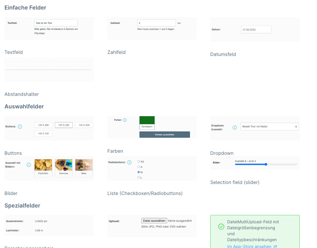 Screenshot eines deutschen Formular-Konfigurators mit verschiedenen Eingabefeldern wie Text, Zahl, Datum, Buttons und Upload.