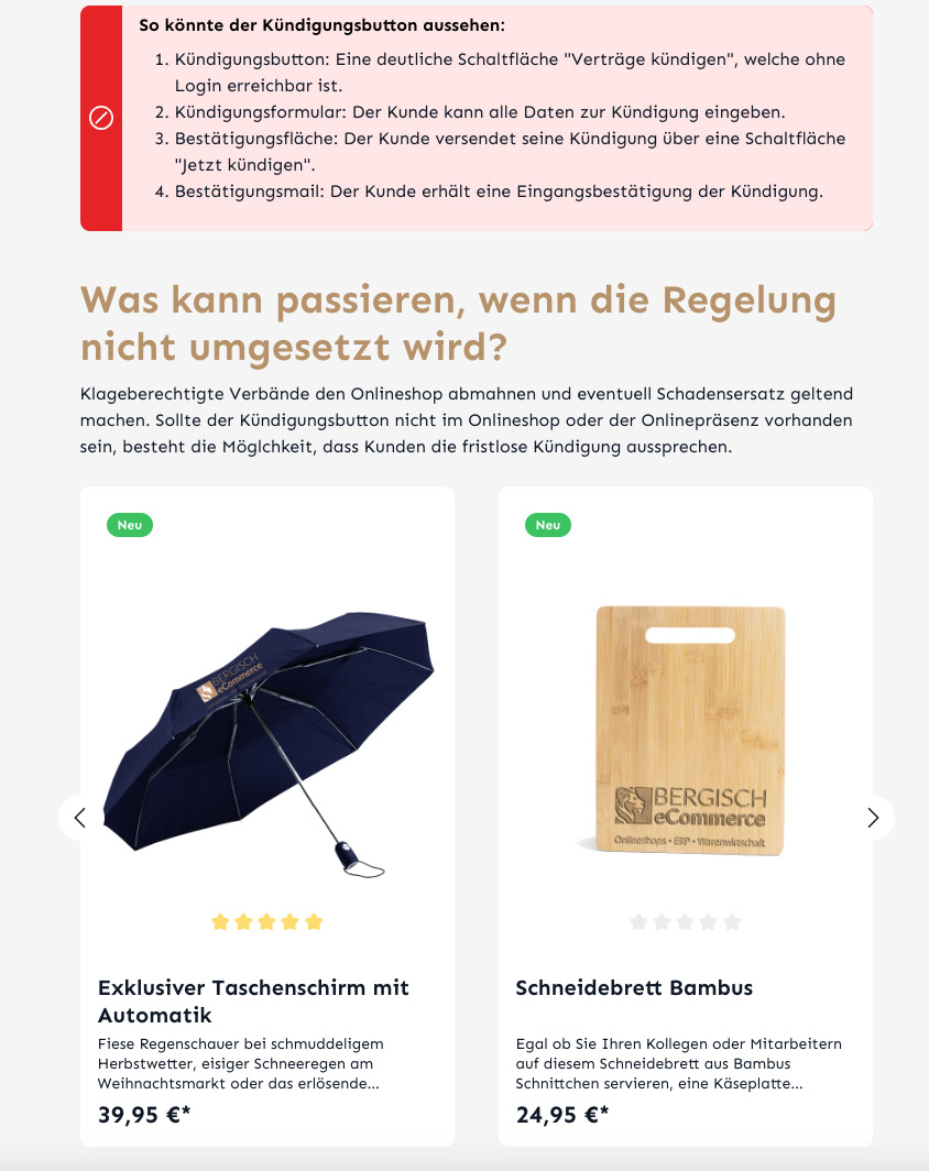 Screenshot eines Online-Shops mit Produkten: Taschenschirm und Bambusschneidebrett.