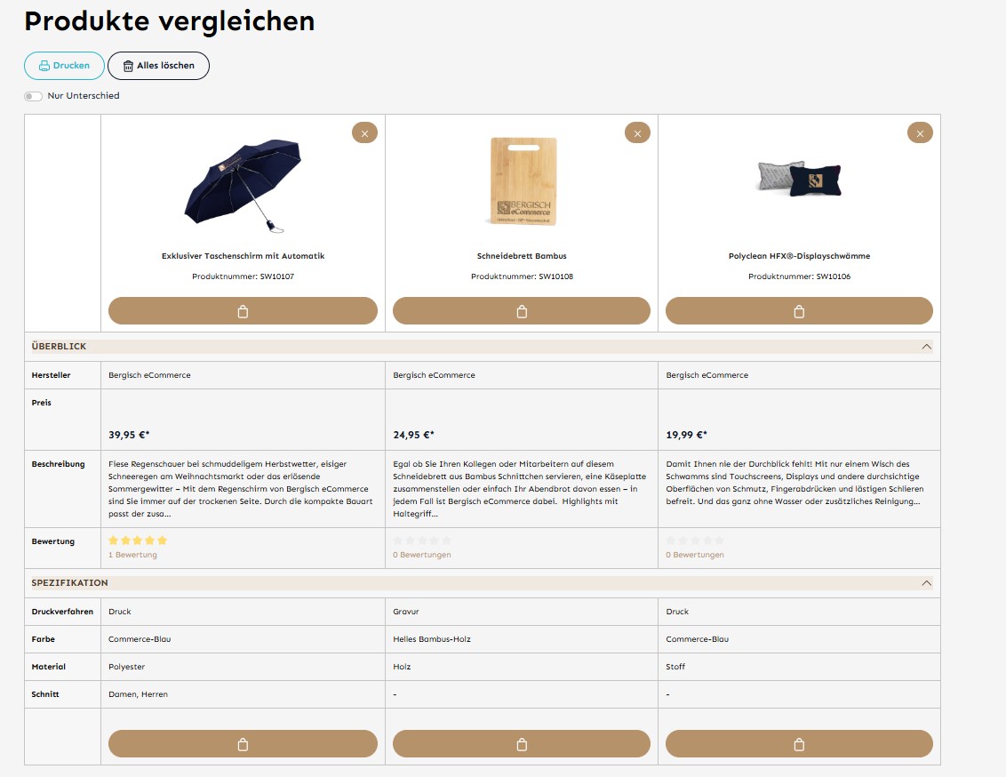 Produktvergleich von Regenschirm, Bambus-Schneidebrett und Displayschwamm mit Preisen, Beschreibung und Spezifikationen.