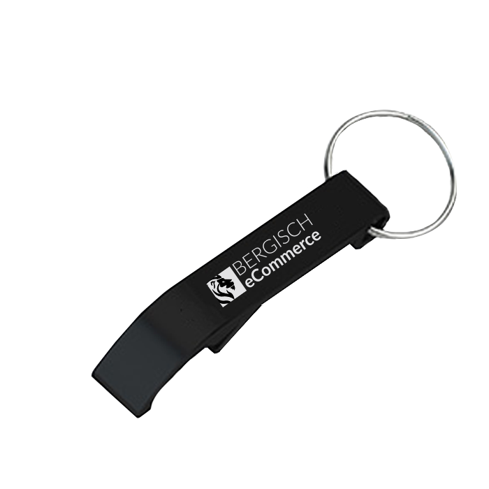 Schwarzer Flaschenöffner mit Schlüsselring und dem Logo von BERGISCH eCommerce.