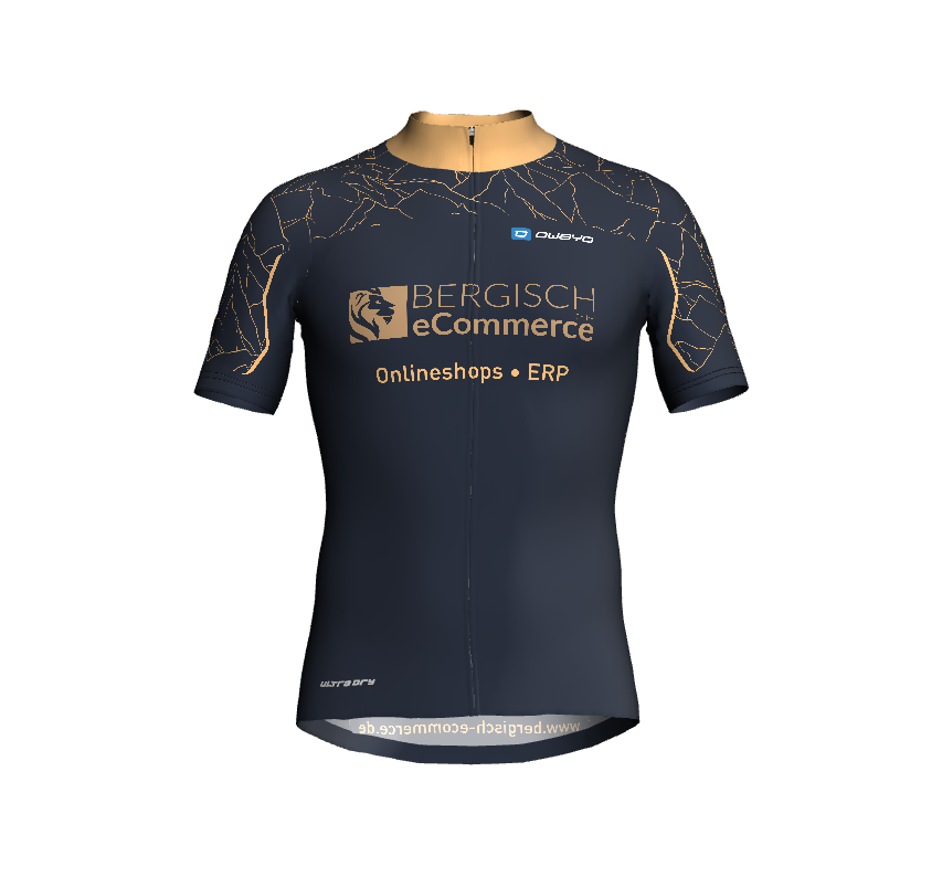 Dunkelblaues Herren-Radtrikot mit goldfarbenen Akzenten und Aufdruck "BERGISCH eCommerce Onlineshops ERP" vorne
