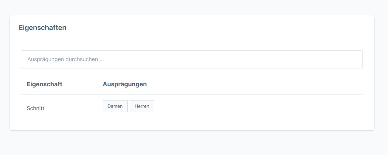 Tabelle mit Eigenschaften und Ausprägungen, zeigt Schnitt mit den Optionen Damen und Herren.