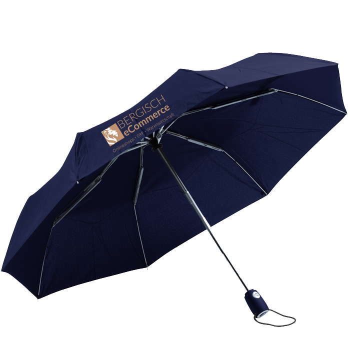 Dunkelblauer Regenschirm mit dem Logo von Bergisch eCommerce auf dem Schirm.