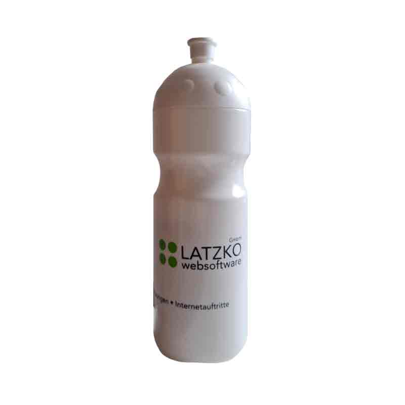 Weiße Trinkflasche mit grünem und schwarzem LATZKO websoftware Logo und Text