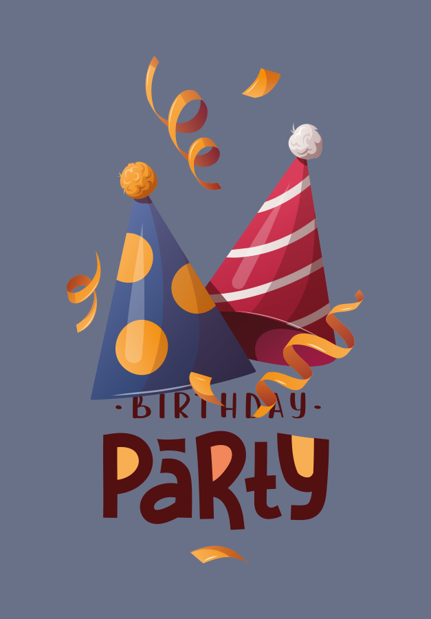 Zwei bunte Geburtstagskappen mit orangefarbenen Luftschlangen und dem Schriftzug Birthday Party auf blauem Hintergrund.