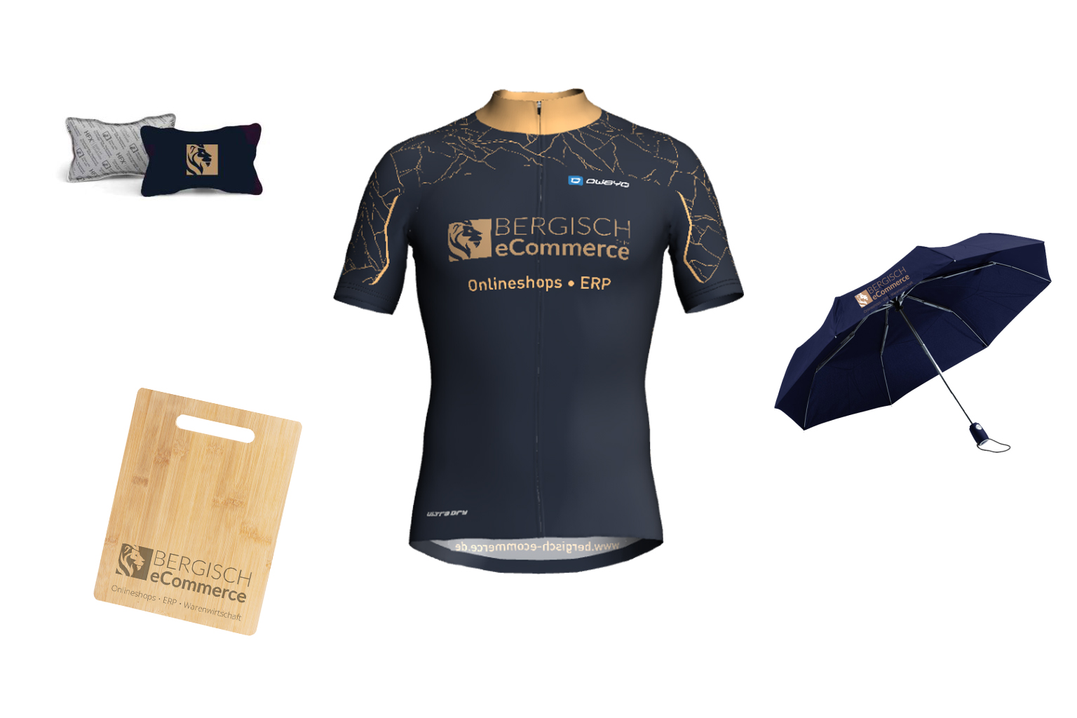 Verschiedene Produkte mit Bergisch eCommerce Logo: Kissen, Trikot, Schirm und Schneidebrett.
