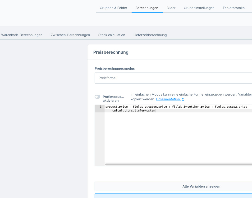 Screenshot of a price calculation formula editor in German with variables for product and fields prices and delivery costs.