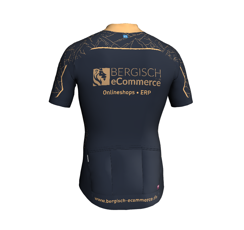 Rückansicht eines schwarzen Herren-Radtrikots mit goldfarbenem Bergisch eCommerce Logo und Webadresse.