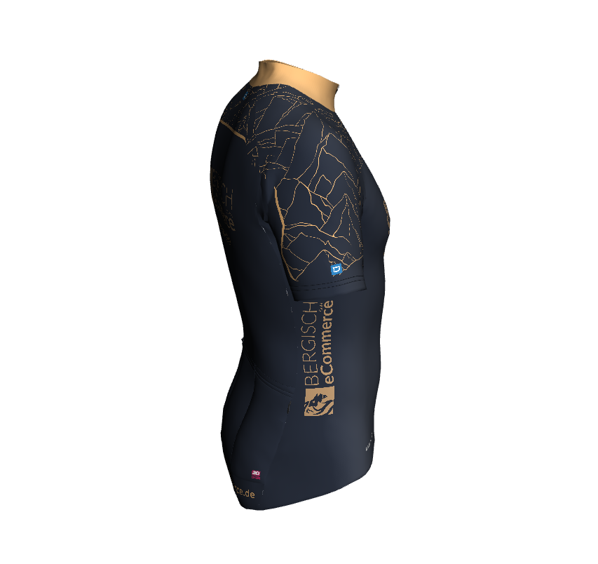 Dunkelblaues Herren-Radtrikot mit goldfarbenem Bergisch eCommerce-Logo und grafischem Muster auf den Ärmeln, Seitenansicht