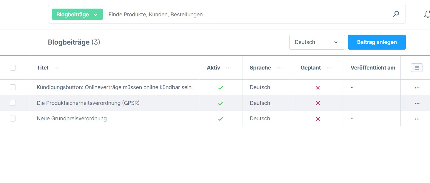 Übersicht von Blogbeiträgen mit Titeln, Aktivitätsstatus und Sprache.