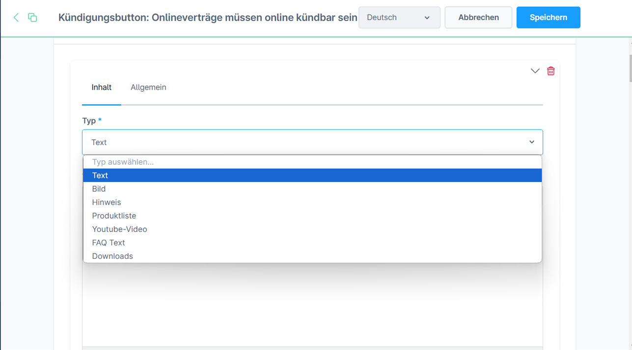 Dropdown-Menü zur Auswahl des Typs für Inhalte in einer Benutzeroberfläche.